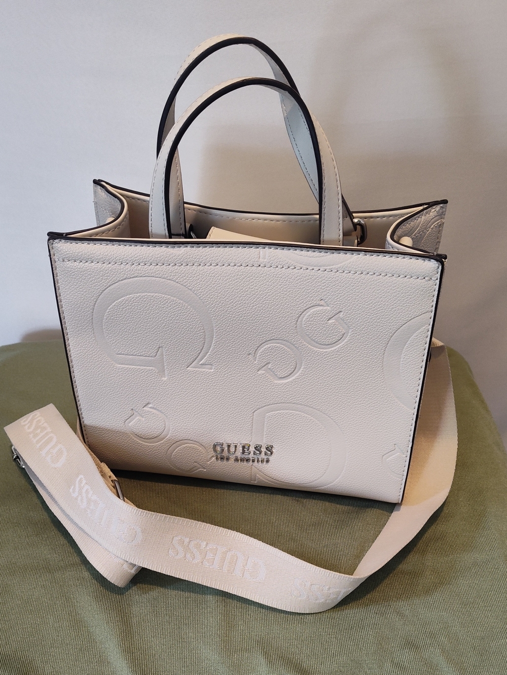 GUESS Cream Embossed Logo Satchel with Detachable Strap